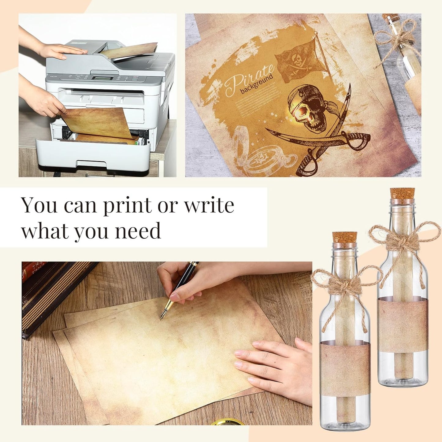 Baderke 24 Pcs 5.6 oz Message Bottles with Letter Printer Paper Plastic Bottles & Corks Twines for Message Invitations Birthday Wedding Baby Shower DIY Crafts Gift Party Favors (Vintage)