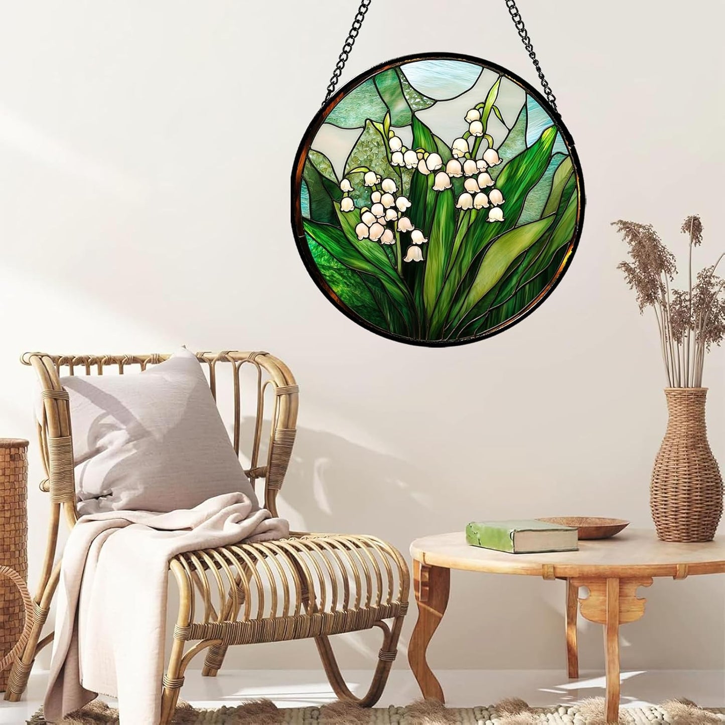 Stained Glass Window Hanging - White Green Lily of The Valley Suncatcher for Doors Garden Terrace Plant Sun Catchers Decor Mother's Day Birthday Flowers Gifts for Women Men Mom 15 in