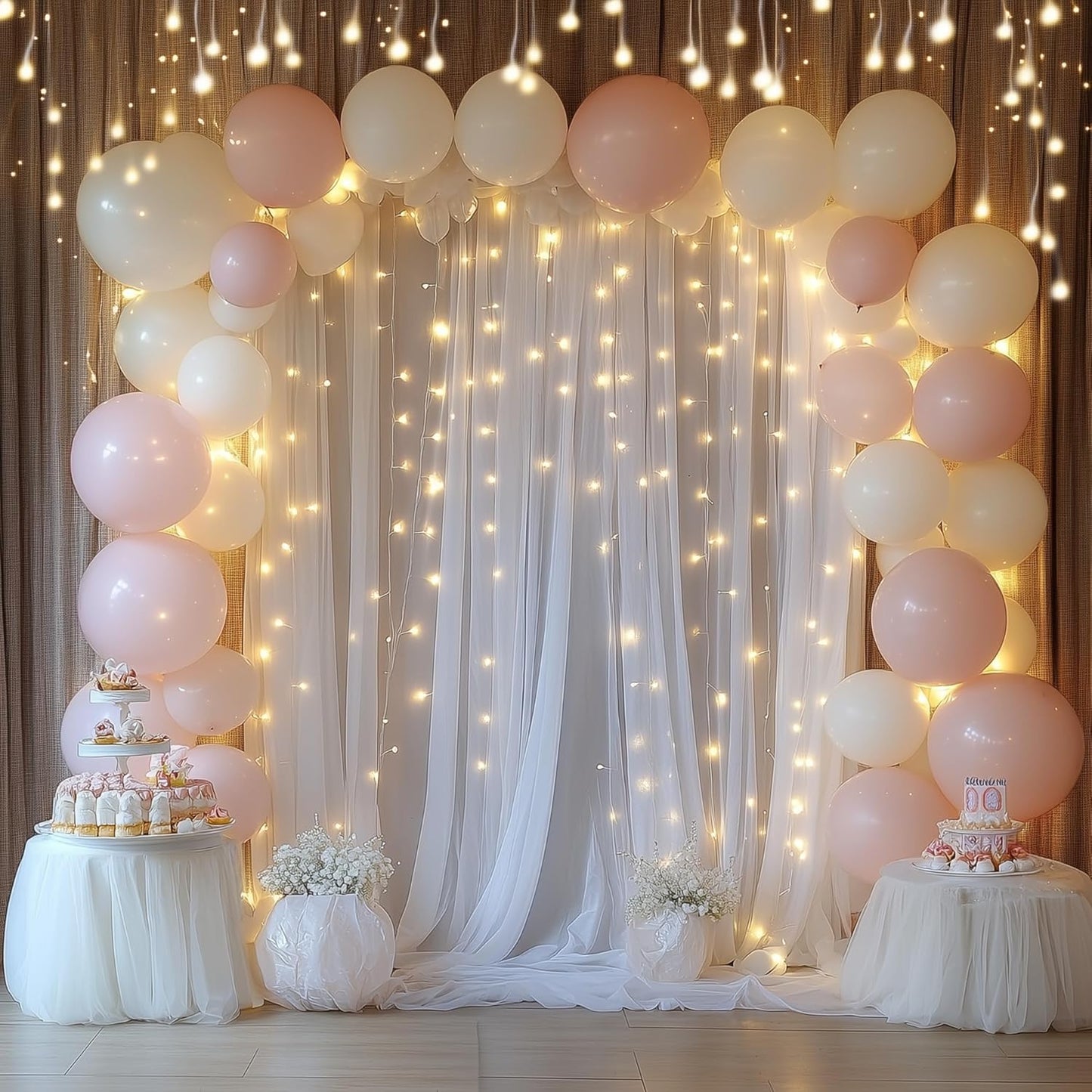 Tulle Backdrop Curtain with Lights String 20 X 10FT White Sheer Tulle Backdrop Curtains for Wedding Birthday Party Reception Photo Booth Background Decorations (4 Panels 5x10FT)