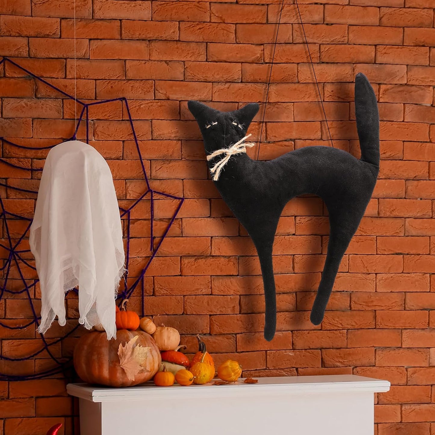 Suhine 16 Inch Halloween Black Cat Hanging Decoration Vintage Rustic Black Cat Wall Ornament Hanging Gifts Primitiva Retro Farmhouse Halloween Decoration for Door Indoor Wall Outdoor