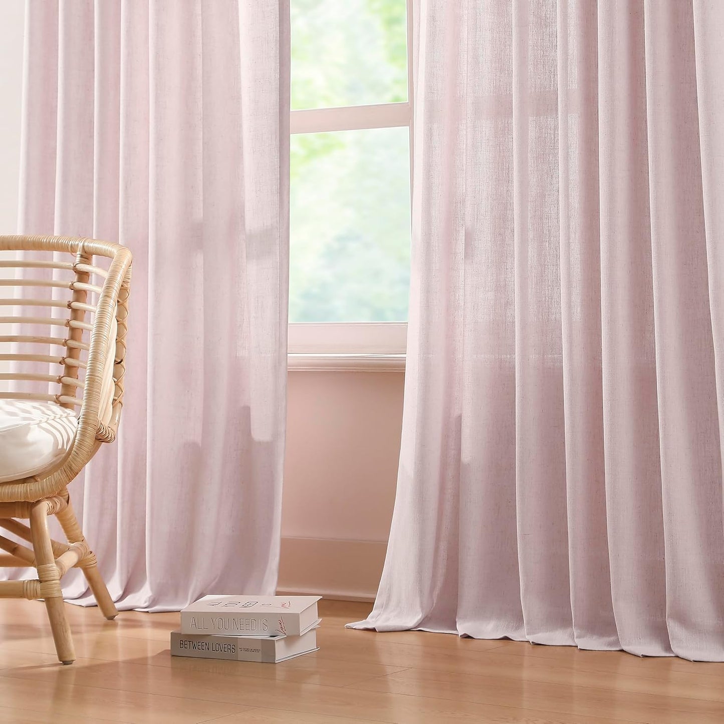 Vision Home Soft Pink Pinch Pleated Semi Sheer Curtains Textured Linen Blended Light Filtering Window Curtains 102 inch for Living Room Bedroom Pinch Pleat Drapes with Hooks 2 Panels 40" Wx102 L