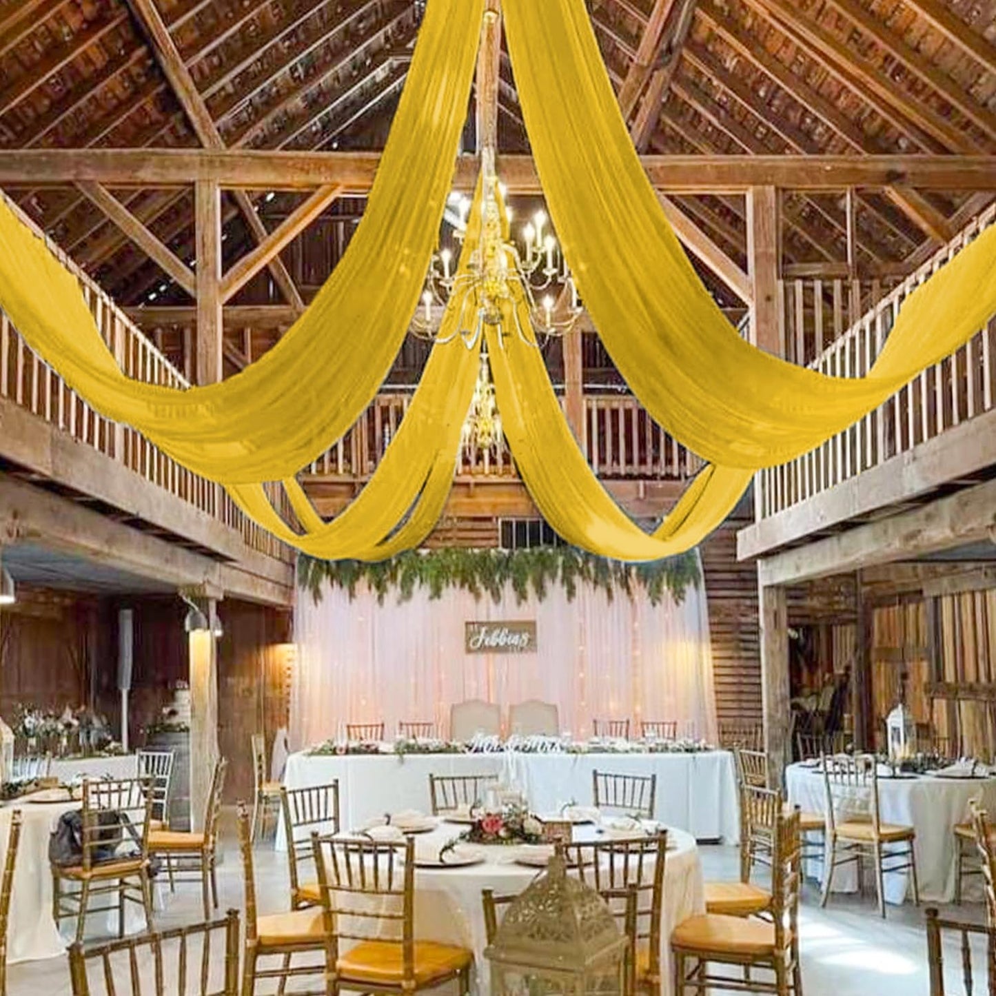 MODFUNS Ceiling Drapes for Parties Gold Ceiling Draping Fabric 5x20ft 4 Panels Sheer Wedding Arch Drapery Chiffon Stage Curtain Tent Ceiling Drape for Reception Banquet Arbor Ceiling Decoration