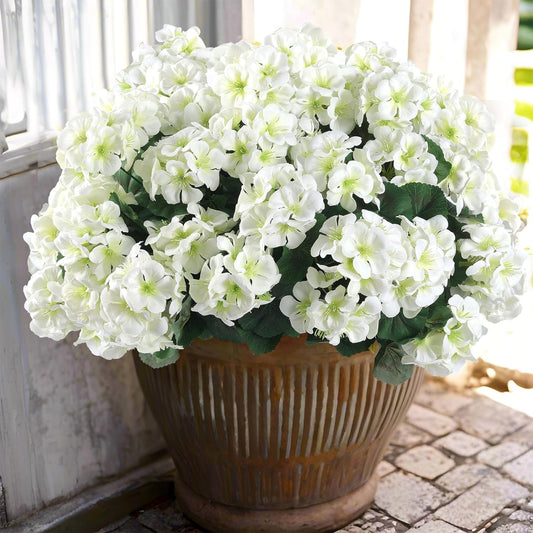 Hananona Artificial Geranium Flowers for Outdoors Geranium Silk Flowers Outdoor UV Resistant Garden Plants Faux Flowers for Home Kitchen Table Centerpieces Decor (12, White)