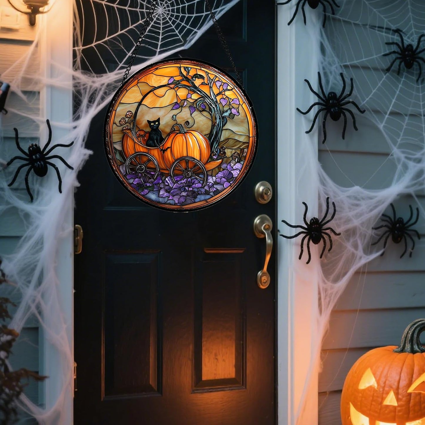 Stained Glass Window Hanging - Halloween Pumpkin Carriage Black Cat Suncatcher for Doors Window Garden Spooky Sun Catchers Gothic Decor Horror Gifts for Women Men Friend Boy Girl 11.8 in