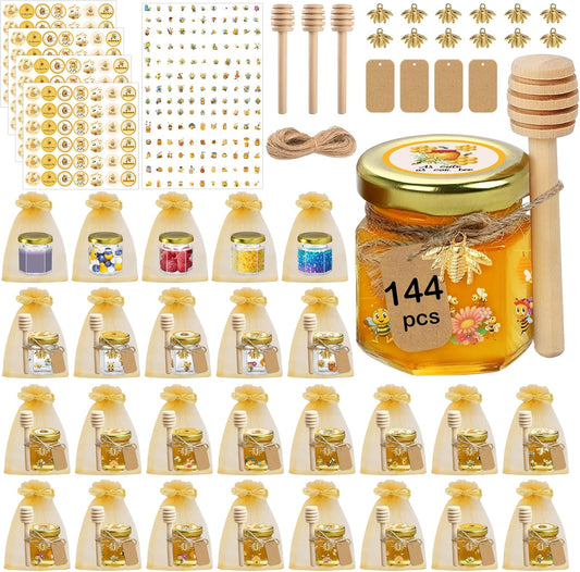 144Pcs 1.5 oz Mini Hexagon Glass Honey Jars with Dippers, Gold Lids, Bee Stickers, Bee Charms, Gift Bags & Jute–Empty Small Honey Jars for Party Favors Bulk, Ideal for Baby Showers ＆ Weddings