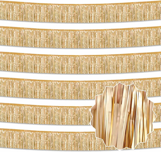 6 Pack 10 Ft Champagne Gold Foil Fringe Garland Metallic Streamers Tinsel Banner Wall Hanging Garland Backdrop for Parade Floats, Halloween, Christmas, Thanksgiving, New Year Party Decorations