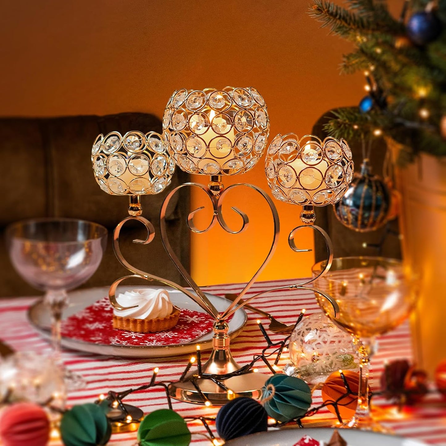 6 Pcs Gold 3-Arm Heart Tea Light Candle Holder - Crystal & Metal Wedding Centerpiece Decor, Sparkling Table Decor for Anniversaries/Romantic Tabletop Home/Dinner Party/Events