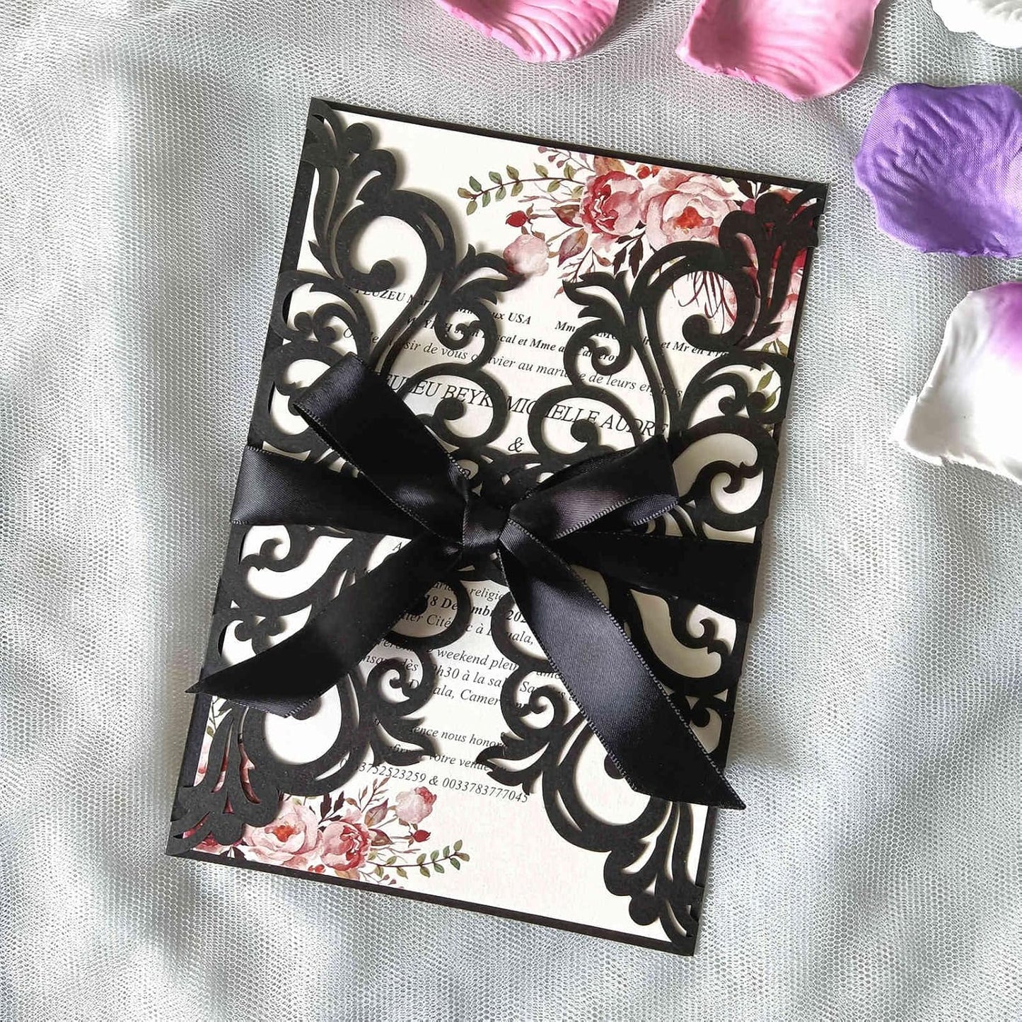 25PCS Laser Cut Wedding Invitations Cards with Envelopes,Blank Inner Sheets,Ribbons for Wedding Bridal Shower Quinceañera Engagement Birthday Invites, pearl black