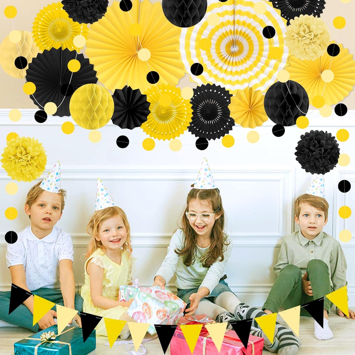 Black and Yellow Party Decorations, 23Pcs Hanging Paper Fans Birthday Decorations with Black Pom Poms Flowers for Boy Birthday, Bridal Shower, Baby Showers, Wedding