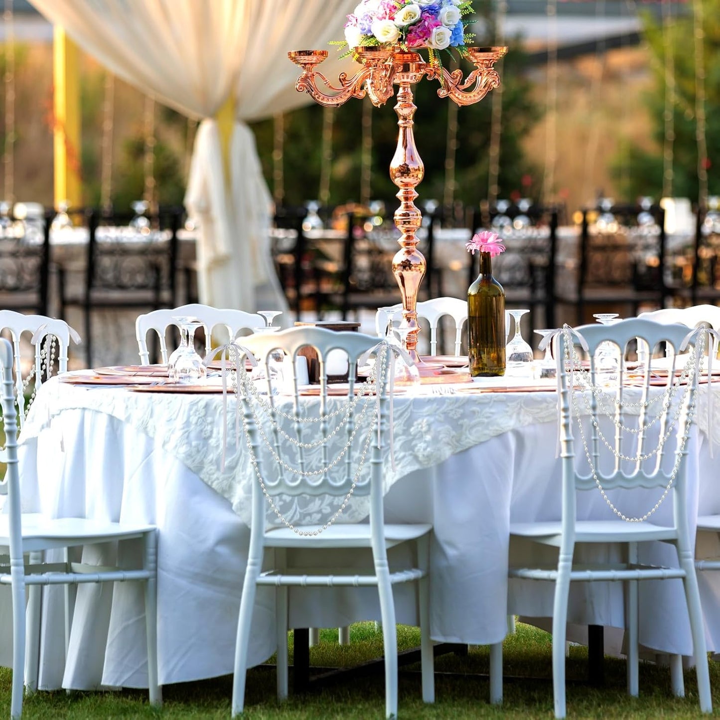 Wedding Pearl Bow Chair Decor Satin Ribbon Bows with Pearl Beaded String Garland Aisle Chair Sashes Decorations for Ceremony Coquette Party Banquet Decor