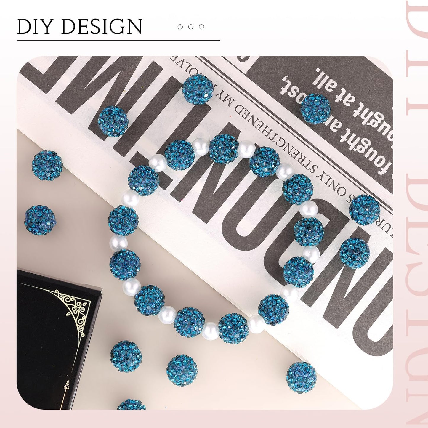 100 pcs 10mm Rhinestone Beads for Jewelry Making, Blue Zircon Shiny Round Shamballa Disco Beads Bulk, Sparkle Crystal Clay Christmas for Bracelet Baseball Necklace Earring Crafting and DIY