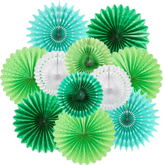 SUNBEAUTY Pack of 11 Green White Party Decoration Hanging Honeycomb Round Paper Fans Kit for Dinosaur Theme Birthday Baby Shower Summer Forest Carnival St.Patrick's Irish Backdrop Party Supplies