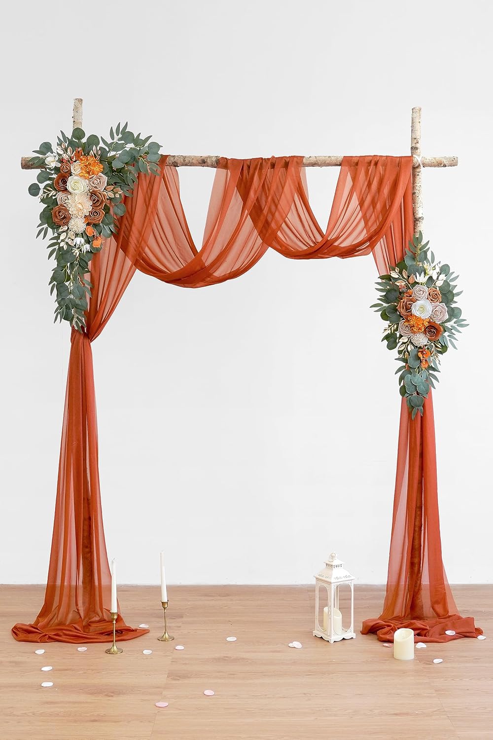 Burnt Orange Artificial Wedding Arch Flowers Kit (Pack of 3) with 26Ft Terracotta Shiny Arch Draping Fabric for DIY Wedding Party Ceremony Reception Backdrop Floral Decoration