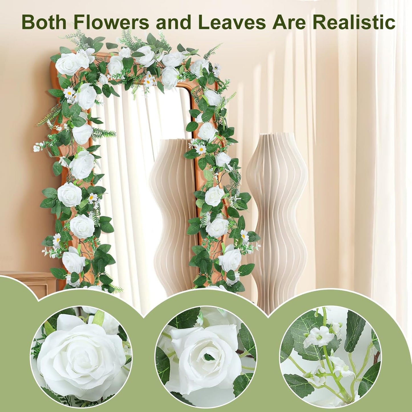 Naidiler Full Pretty White Rose Garland, 6.2FT Artificial Floral Vines Spring White Flower Garland for Wedding Arch Table Centerpiece Decor Home Backdrop Wall Valentines Decoration