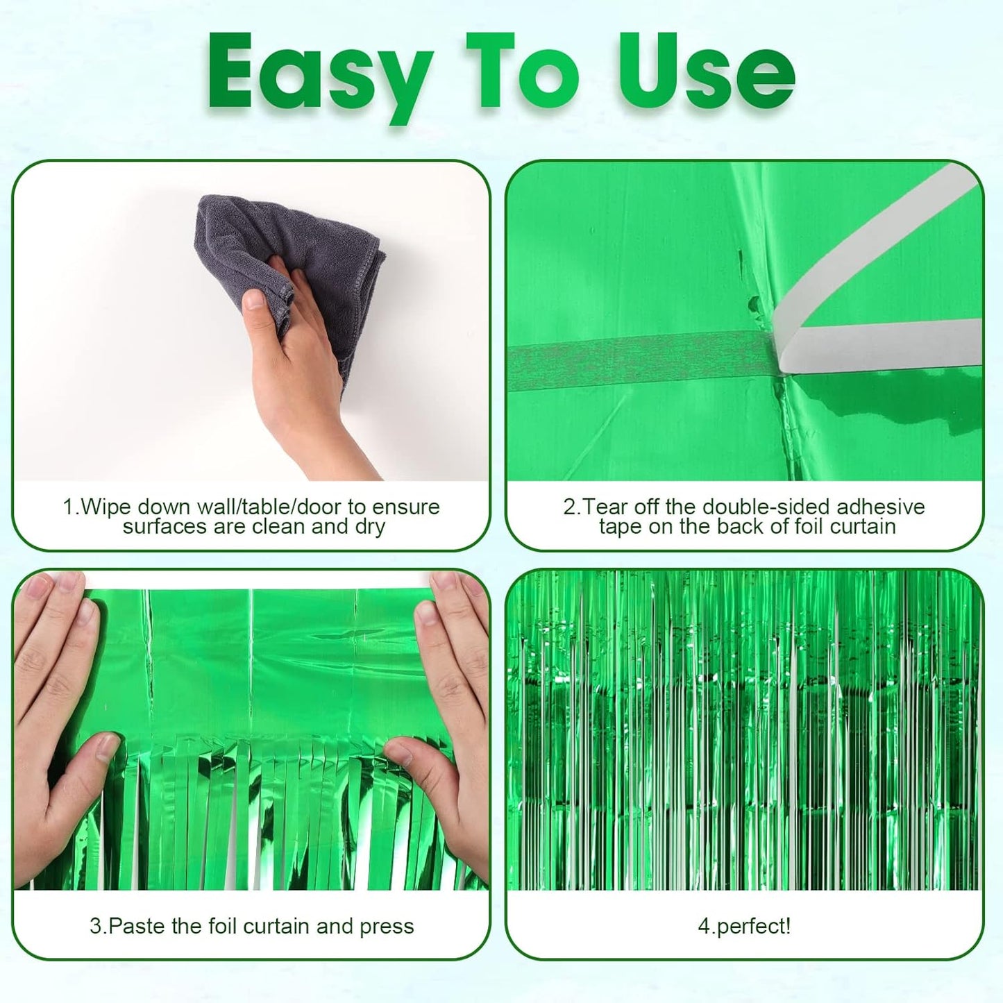 2 Pack Green Foil Fringe Backdrop Curtains, Tinsel Streamers Birthday Party Decorations, Fringe Backdrop for Graduation, Dinosaur Theme, Green Party