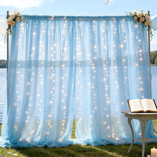 10×10ft Tulle Backdrop Curtains with Lights String - 300LED Fairy Lights Sheer Curtain Backdrop for Weddings Baby Shower and Birthday Party Decorations(4 Panels 5×10ft)
