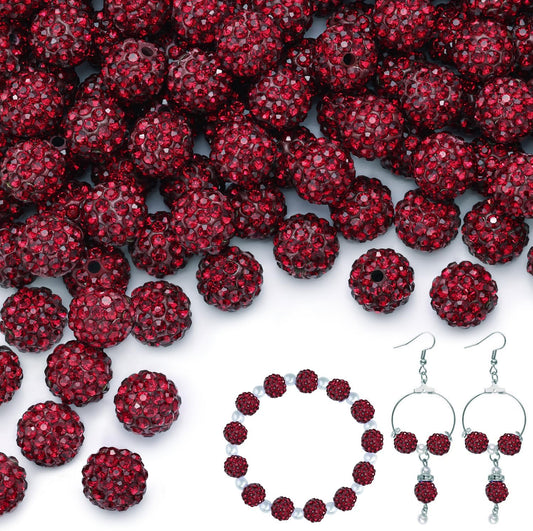 100 pcs 10mm Rhinestone Beads for Jewelry Making, Dark Red Shiny Round Shamballa Disco Beads Bulk, Sparkle Crystal Clay Christmas for Bracelet Baseball Necklace Earring Crafting and DIY