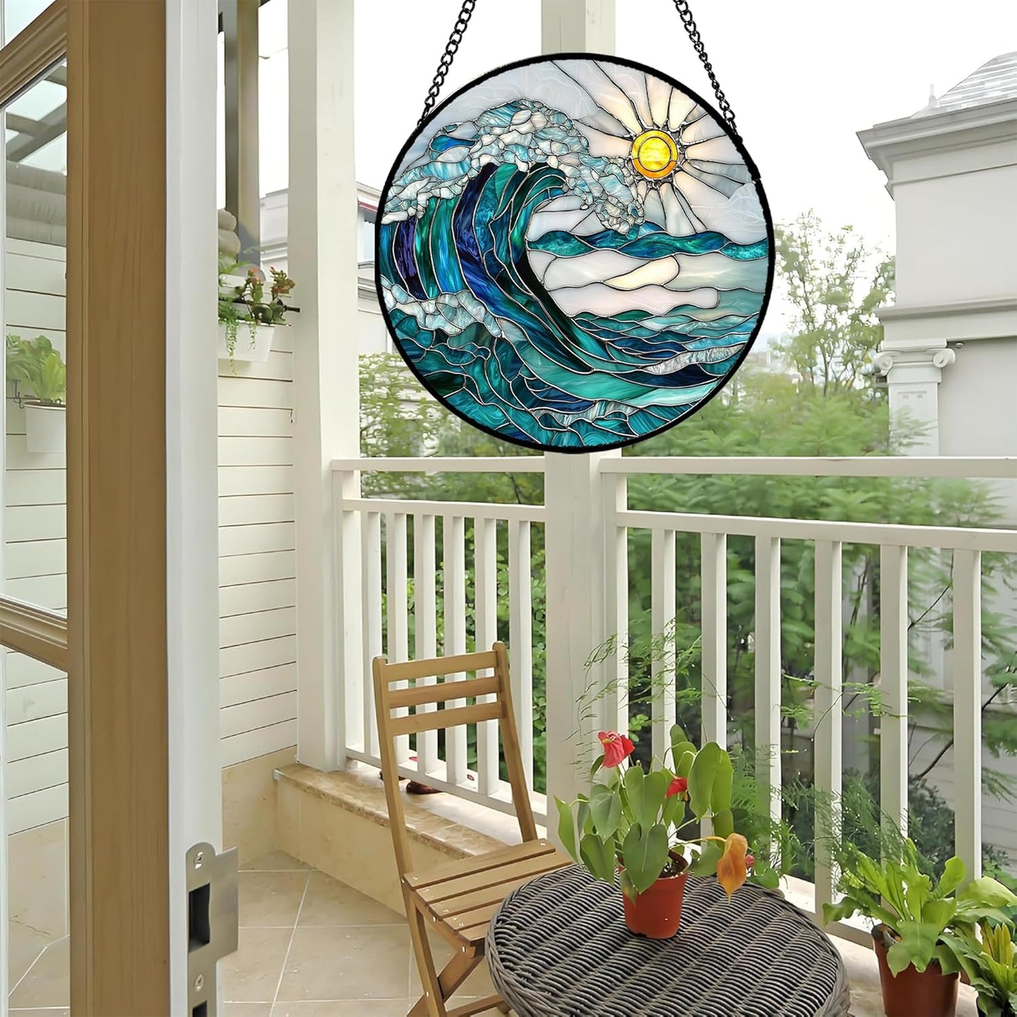 Stained Glass Window Hanging - Blue Green Waves Suncatcher for Door Terrace Garden Home Decor Sunrise Over The Sea Sun Catcher Birthday Gifts for Lovers Women Men Dad Mom Nana 11.8 in