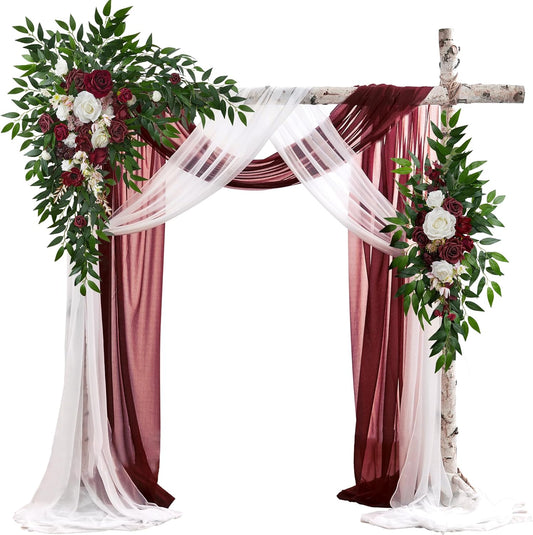 Wedding Arch Flowers with Drapes Kit (Pack of 4) - 2pcs Artificial Christmas Marsala Deluxe Swag with 2pcs Sheer Drapes for Wedding Ceremony Arbor Reception Backdrop Rose Floral Decoration