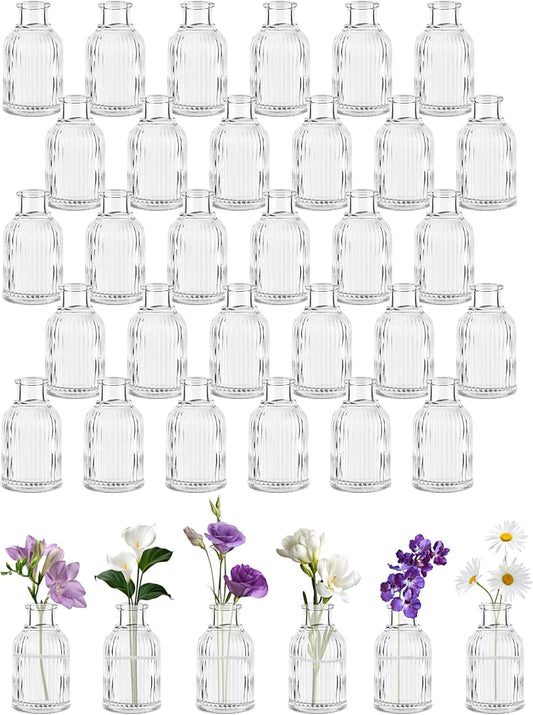 Glass Bud Vases Set of 36, Small Flower Vase in Bulk, Clear Mini Ribbed VaseS for Centerpieces, Modern Wedding Reception Table Decorations