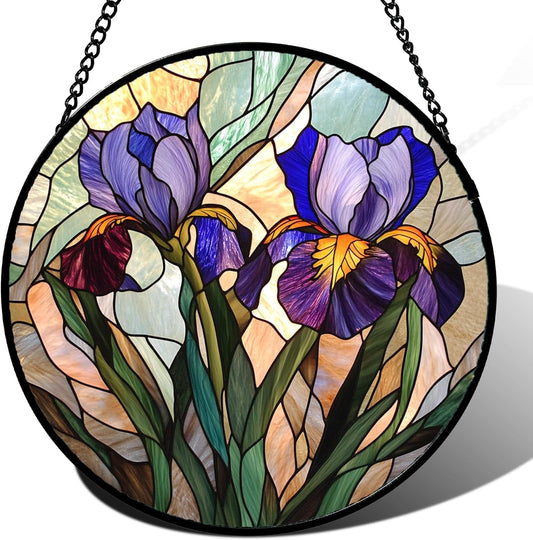 Stained Glass Window Hanging, Purple Blue Iris Birth Flower Suncatcher for Doors Garden Yard Sun Catchers Decor Christmas Mother's Day Birthday Gifts for Teacher Women Mom Nana Wife 15 in