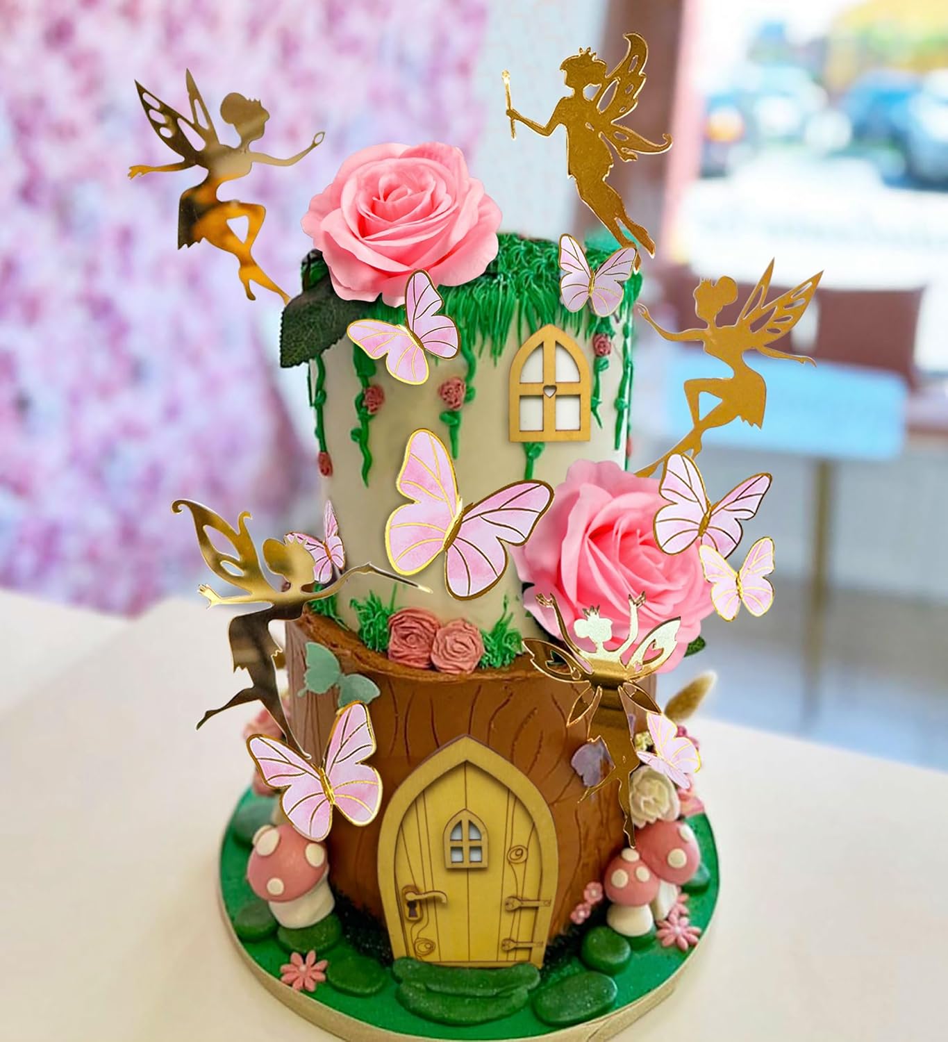 JeVenis Pink Fairy Cake Decoration Mushroom Cake Decoration Fairy Cake Decoration Garden Fairy Cake Decoration Fairy Party Supplies Fairy Party Favors