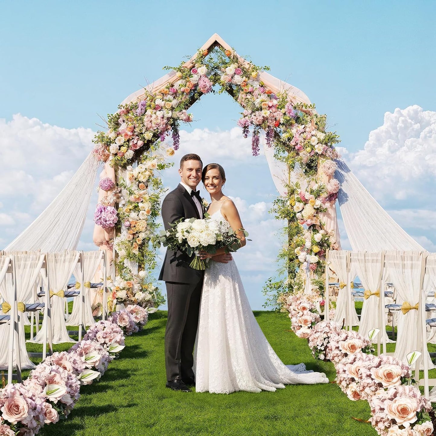 NiHome House-Shaped Solid Wood Wedding & Event Arch Frame, DIY Backdrop for Garden, Church, Party, Holiday Decorations, Sturdy Triangle Support Structure with U-Shaped Brackets for Outdoor Stability