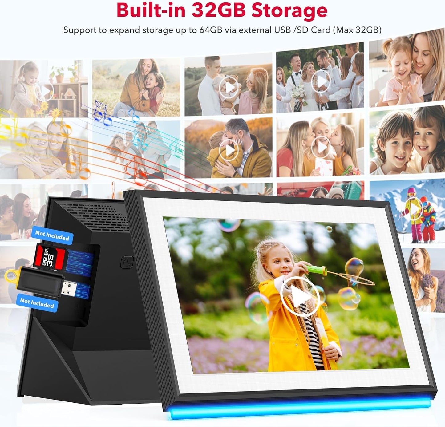 RCA 10.1" WiFi Digital Picture Frame Uhale App Photo Frames Electronic HD IPS Touch Screen Display with 32GB Memory LED Lights, Support USB/SD Card, Slideshow, Instantly Share Photos Videos