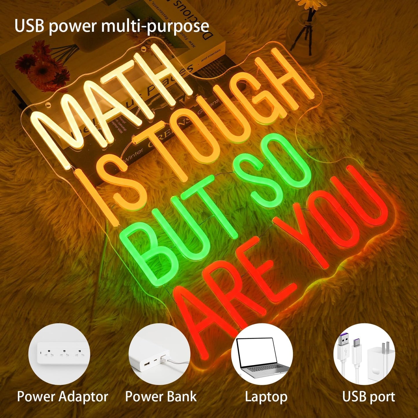 Math Is Tough But So Are You Neon Sign for Classroom, Inspirational Colorful Math Neon Light Dimmable Student LED Light up Signs for Classroom, Kid Room, Office, Library Decoration