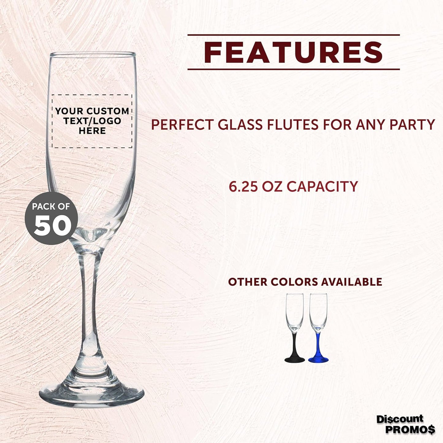 DISCOUNT PROMOS Custom Premiere Champagne Flutes 6.25 oz. Set of 50, Personalized Bulk Pack - Elegant Drinkware for Weddings, Events, & Promotional Gifts - Clear