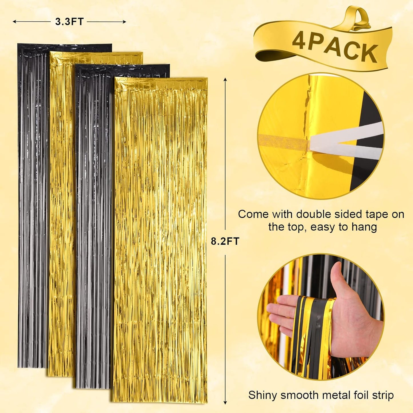 4 Pack Black and Gold Foil Fringe Backdrop Curtains, Tinsel Streamers Birthday Party Decorations, Fringe Backdrop for Graduation, Baby Shower, Gender Reveal, Disco Party