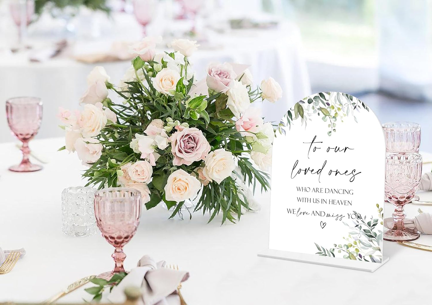 Greenery Wedding Memorial Sign, 6 x 8 Inch White Arch Acrylic Wedding Sign with Holder, Wedding Decoration, Wedding Supplies