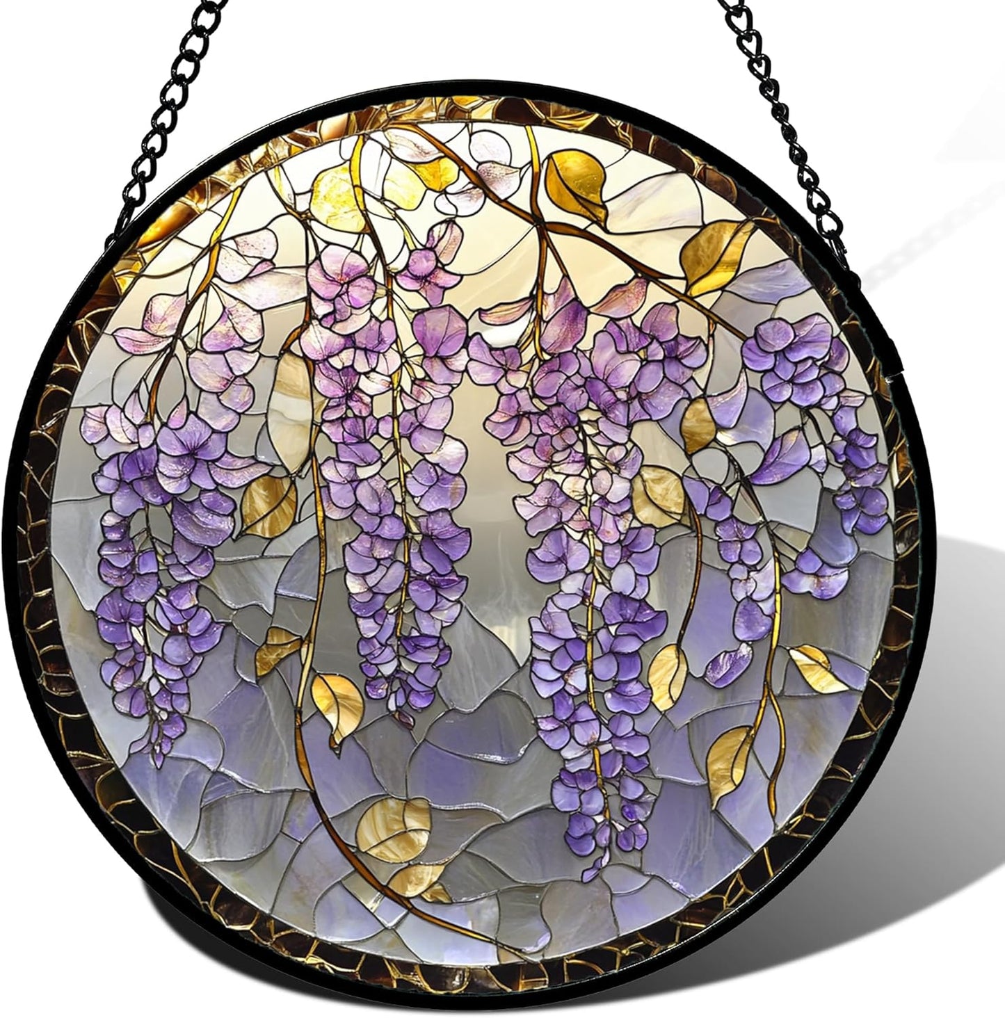 Stained Glass Window Hanging - Wisteria Flower Golden Leaves Sun Catcher for Door Home Decor Plant Suncatcher Christmas Mother's Day Birthday Gifts for Women Men Lovers Mom Nana 11.8 in