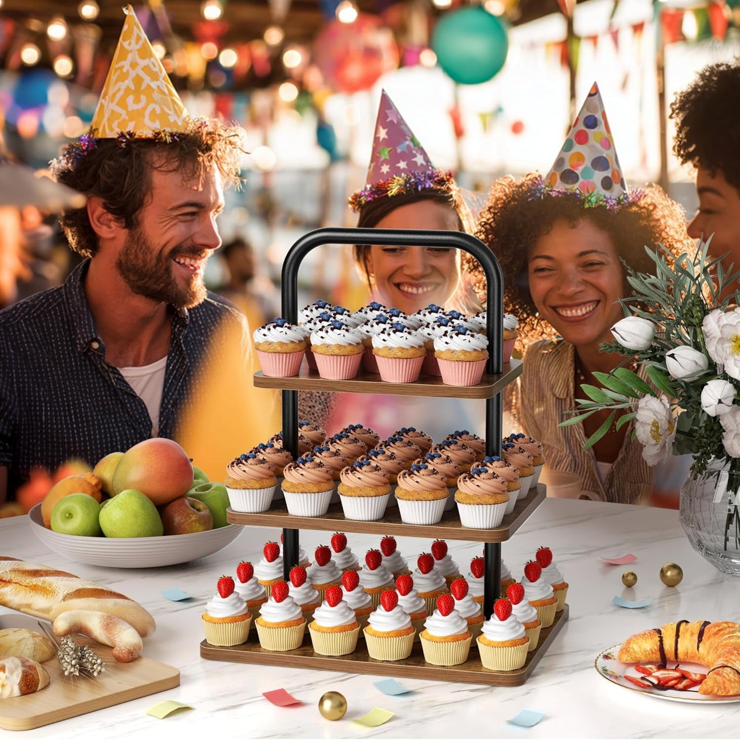 Wooden Cupcake Stand, 3 Tier Large Cupcake Tower Stand 50 Cupcakes, Dessert Tiered Tray Stand for Party, Wedding, Birthday, Halloween, Farmhouse Decor