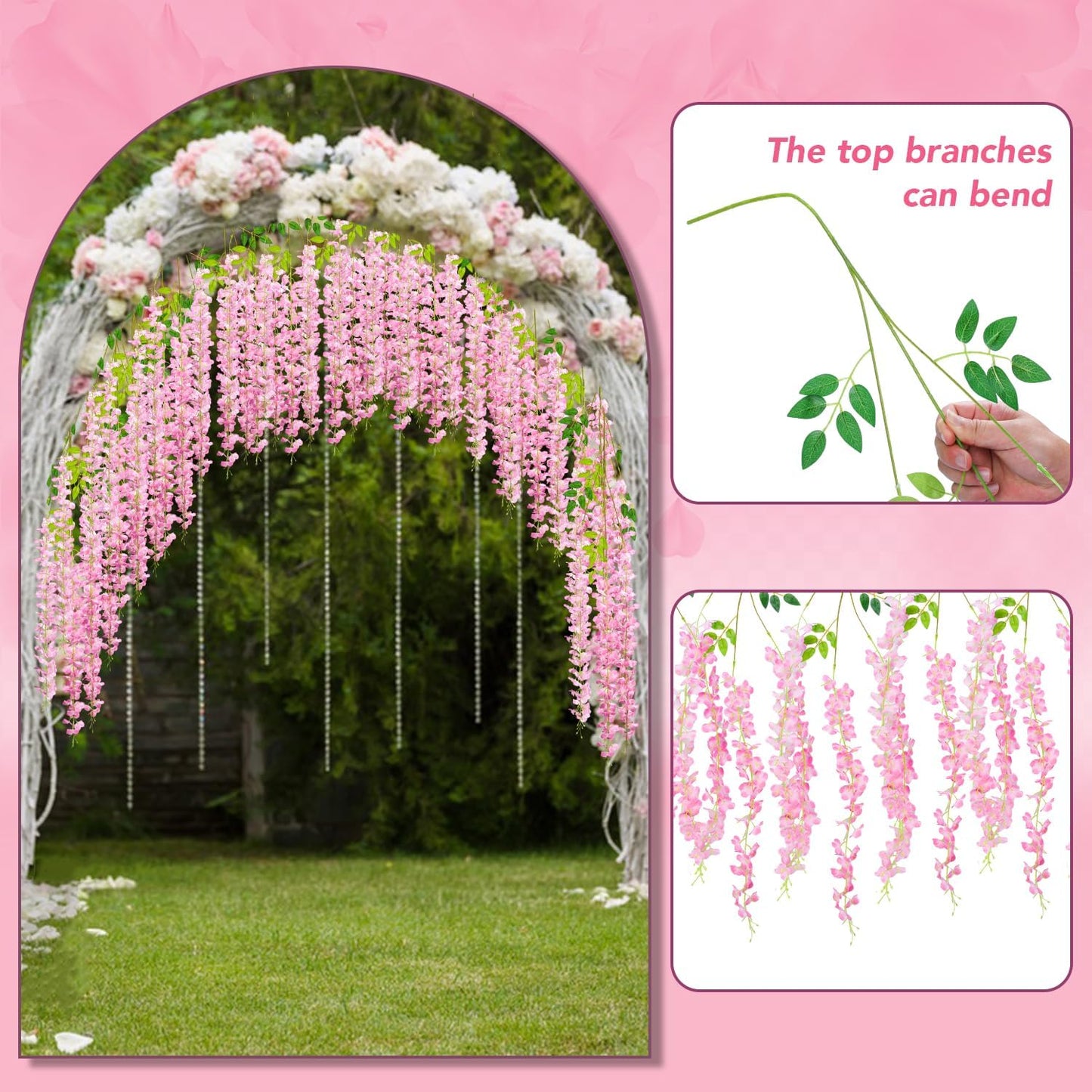 Wisteria Hanging Flowers,Fake Hanging Flowers,Wisteria artificiales Garland for Home Wedding Arch Floral Party Garden Ceremony Outdoor Decor,3.6 feet Long(50,Pink)