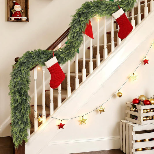 Christmas Cedar Garland - 16ft Artificial Cedar Garland Faux Lush Green Fake Pine Needles for Fireplace,Table,Window,Stairs,Mante,Holiday Indoor Outdoor Xmas Decor(1PCS)