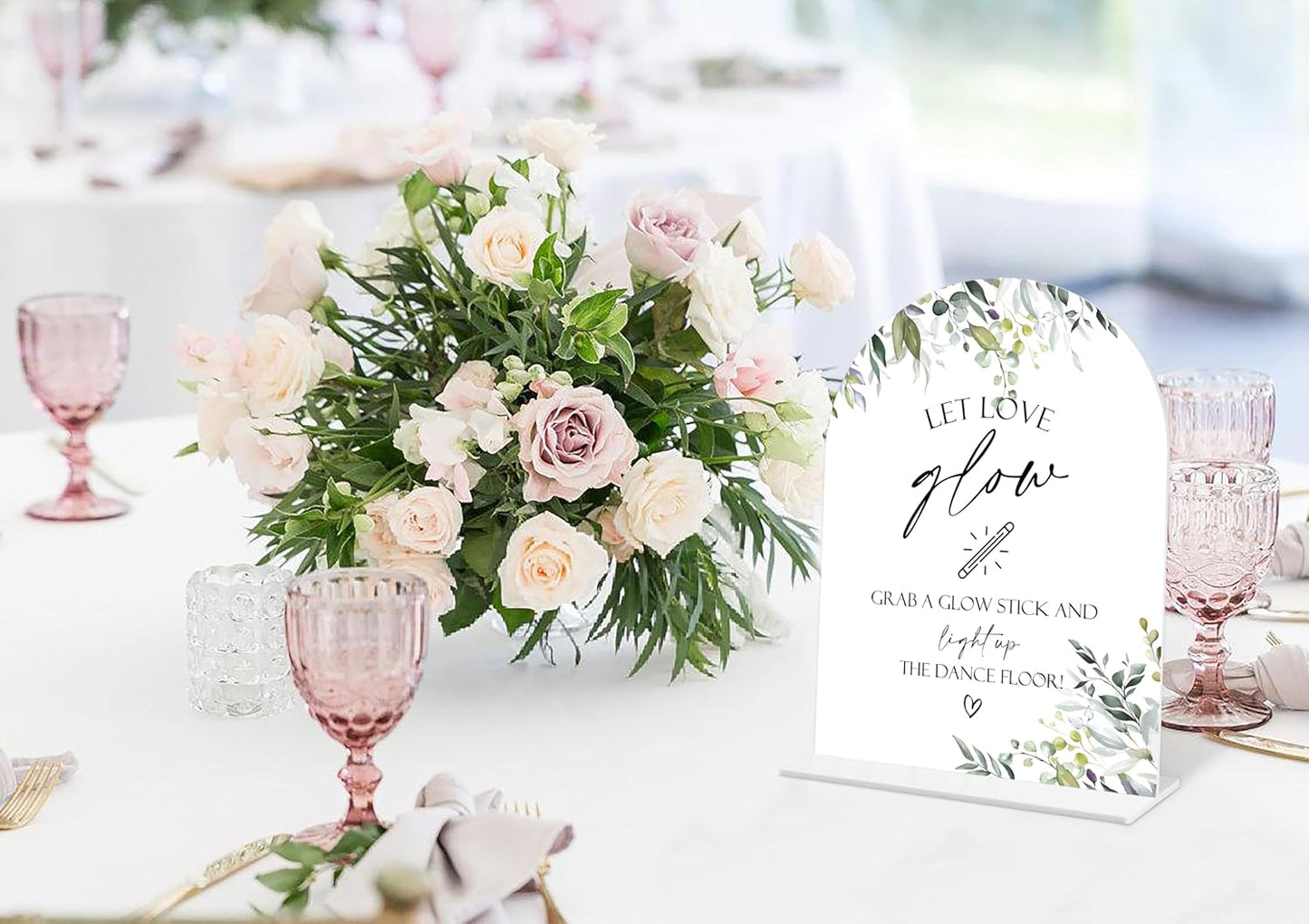 Greenery Let Love Glow Sign, 6 x 8 Inch White Arch Acrylic Wedding Sign with Holder, Wedding Sign for Ceremony and Reception, Wedding Decoration, Wedding Supplies - LY13