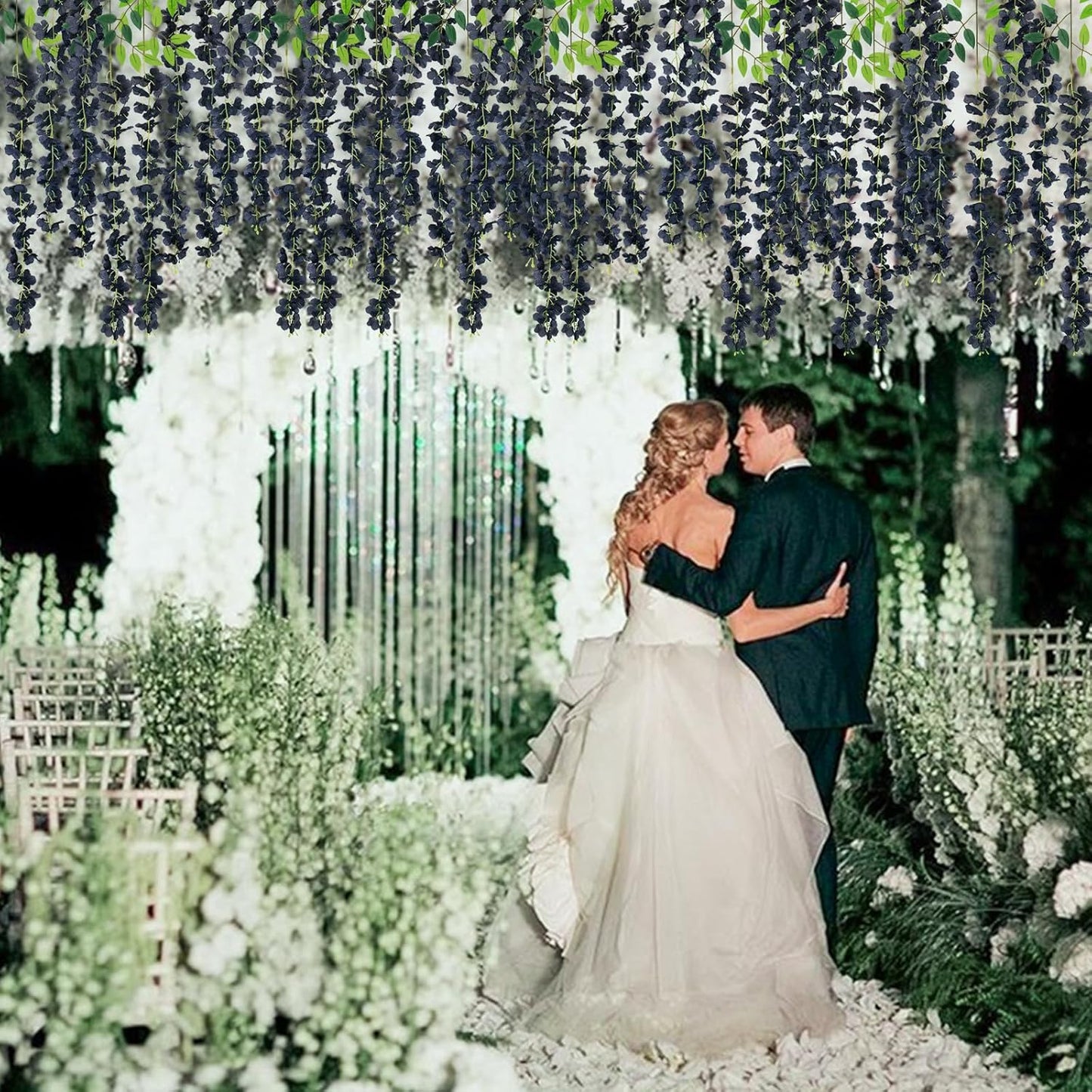 12 Pack Artificial Wisteria Hanging Flowers Fake Wisteria Flower Garland Silk Vines Rattan Decor for Home Wedding Arch Wall Garden Greenery Bedroom Outdoor Office Party Decoration (Black)