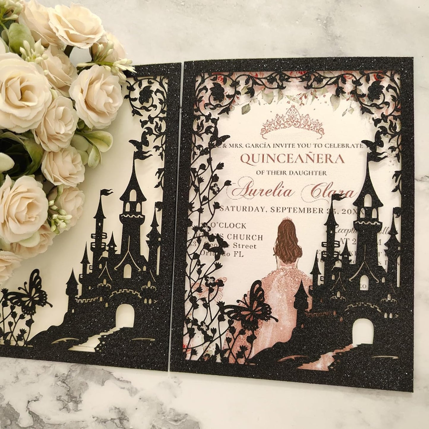 20PCS Castle Pocket Invitations, Quinceanera Invitations with Envelopes, Princess Invitation, Laser Cut quince invites (glitter black)