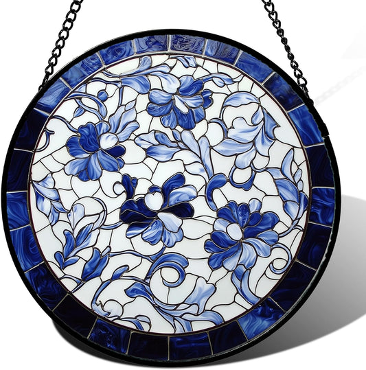 Stained Glass Window Hanging, Blue and White Abstract Flowers Sun Catcher for Door Home Decor Suncatcher Christmas Mother's Day Birthday Gifts for Women Men Mom and Nana 11.8 in