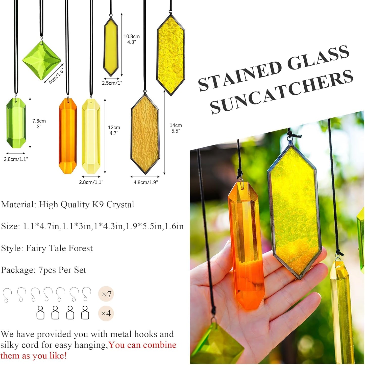 HDCRYSTALGIFTS 7pcs Crystal Sun Catchers for Windows Hanging - Stained Glass Suncatchers for Indoor Garden Christmas Tree Decorations (Fairy Tale Forest Design)