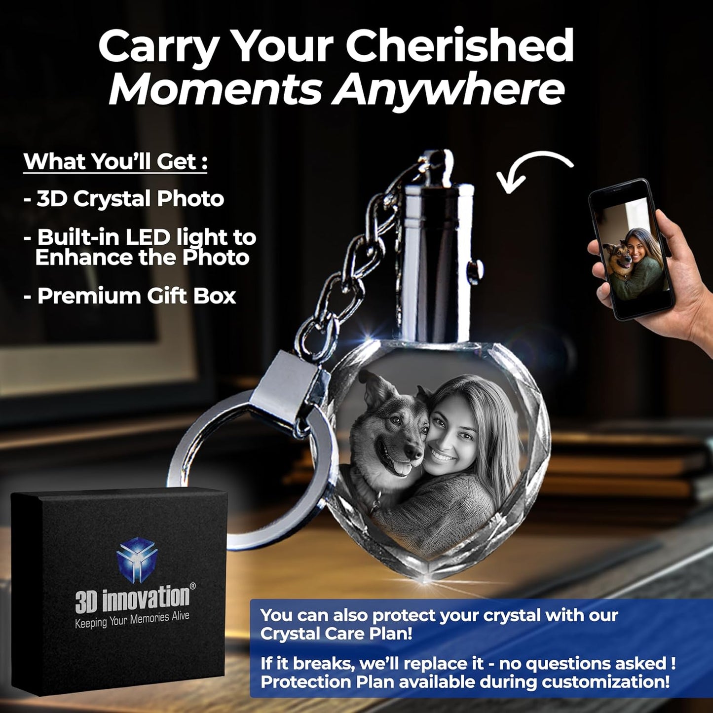 3D innovation Personalized Crystal Keychain Photo with LED Light Custom Laser Etched Key Chain, Valentines Gifts Keepsake