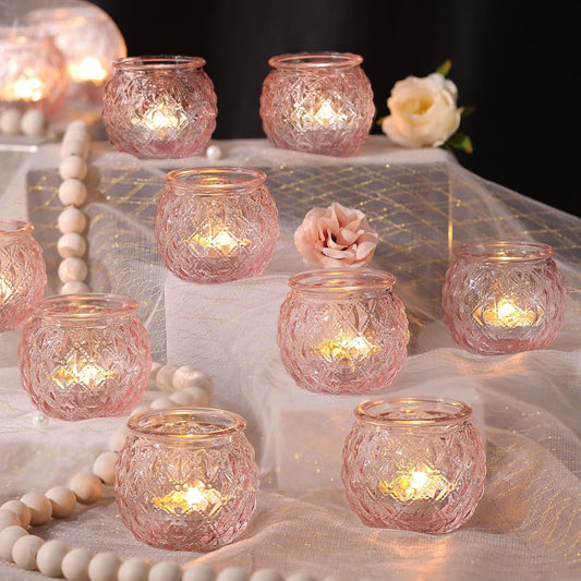 DARJEN 12Pcs Pink Votive Candle Holders - Round Glass Candle Holders for Flameless LED Tea Waxes, Romantic Candle Holder for Wedding & Home Table Decor, Various Parties