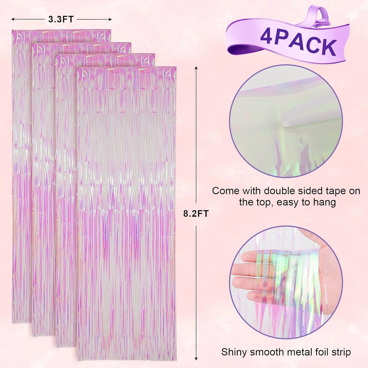 4 Pack Iridescent Transparent Foil Fringe Backdrop Curtains, Tinsel Streamers Birthday Party Decorations, Fringe Backdrop for Graduation, Baby Shower, Gender Reveal, Disco Party