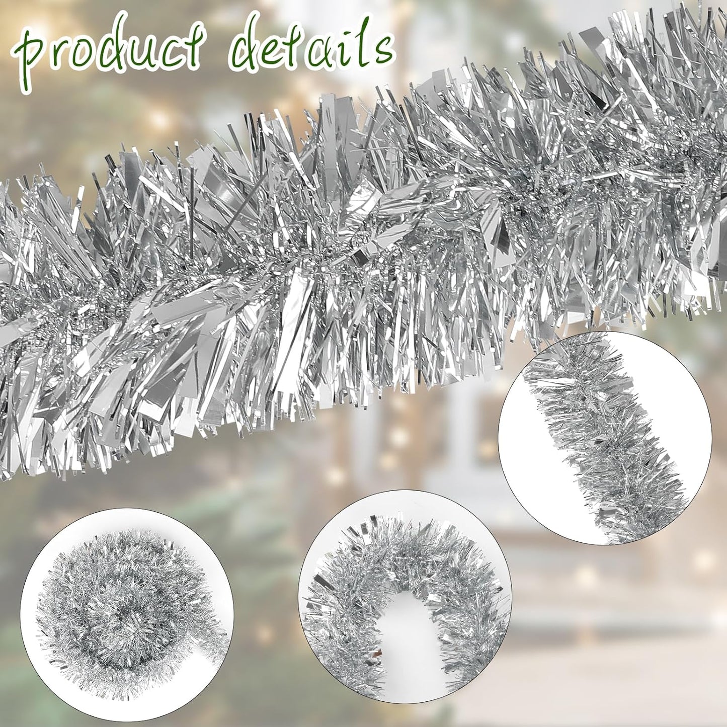 DECORA 33 Feet Silver Tinsel Garland, Christmas Metallic Hanging Tinsel Garland for Xmas Tree Home and Party Decoration