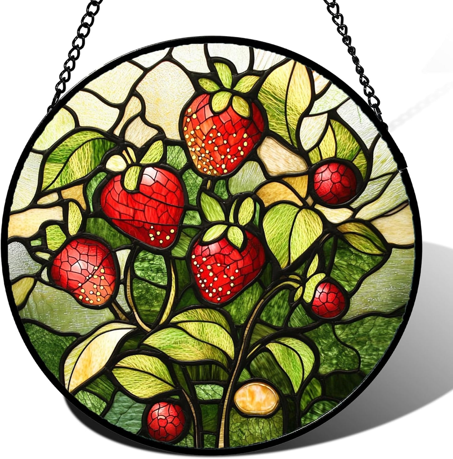 Stained Glass Window Hanging - Red Strawberry Suncatcher for Doors Window Home Green Plant Sun Catchers Decor Christmas Mother's Day Birthday Gifts for Teacher Women Men Mom Nana 7.8 in