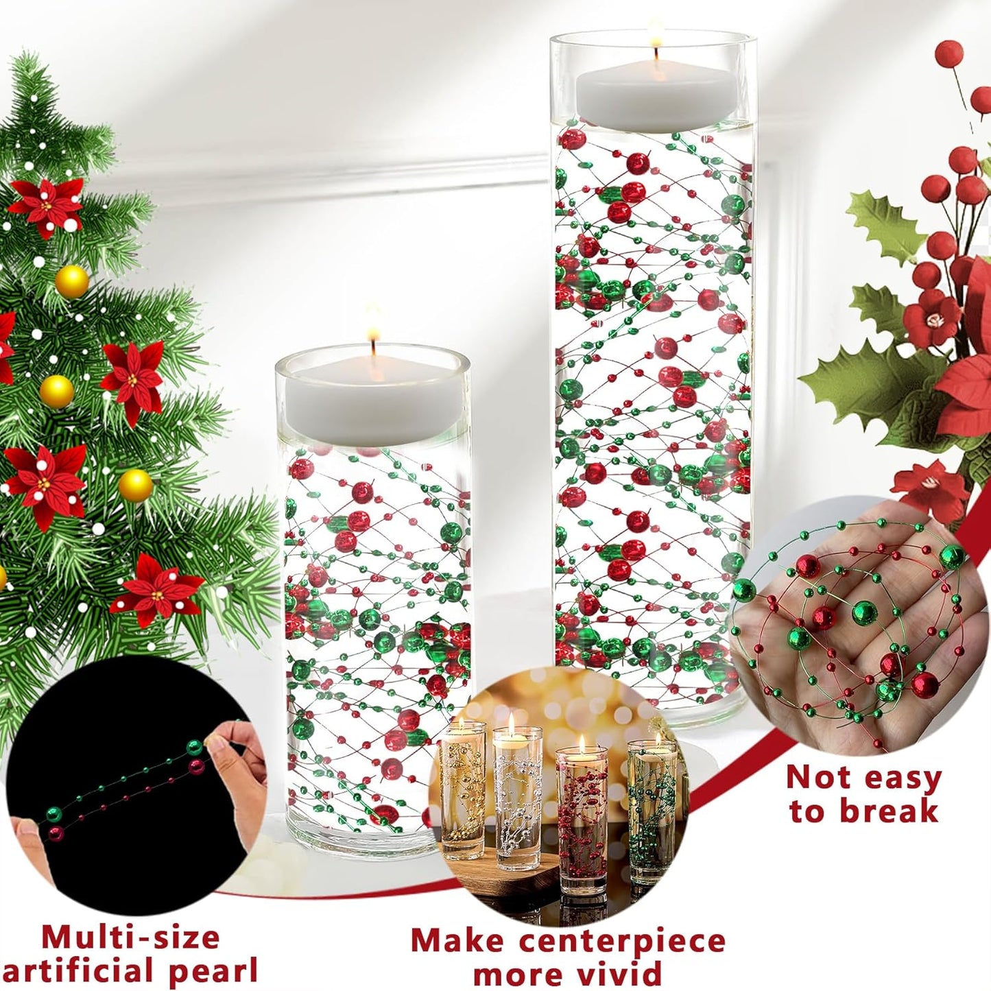 50 PCS Artificial Floating Beads for Centerpieces Vases, 8+3mm String Beads for Christmas Party Pearl String for Decoration, Red & Green String Pearls for Crafts Vase Fillers