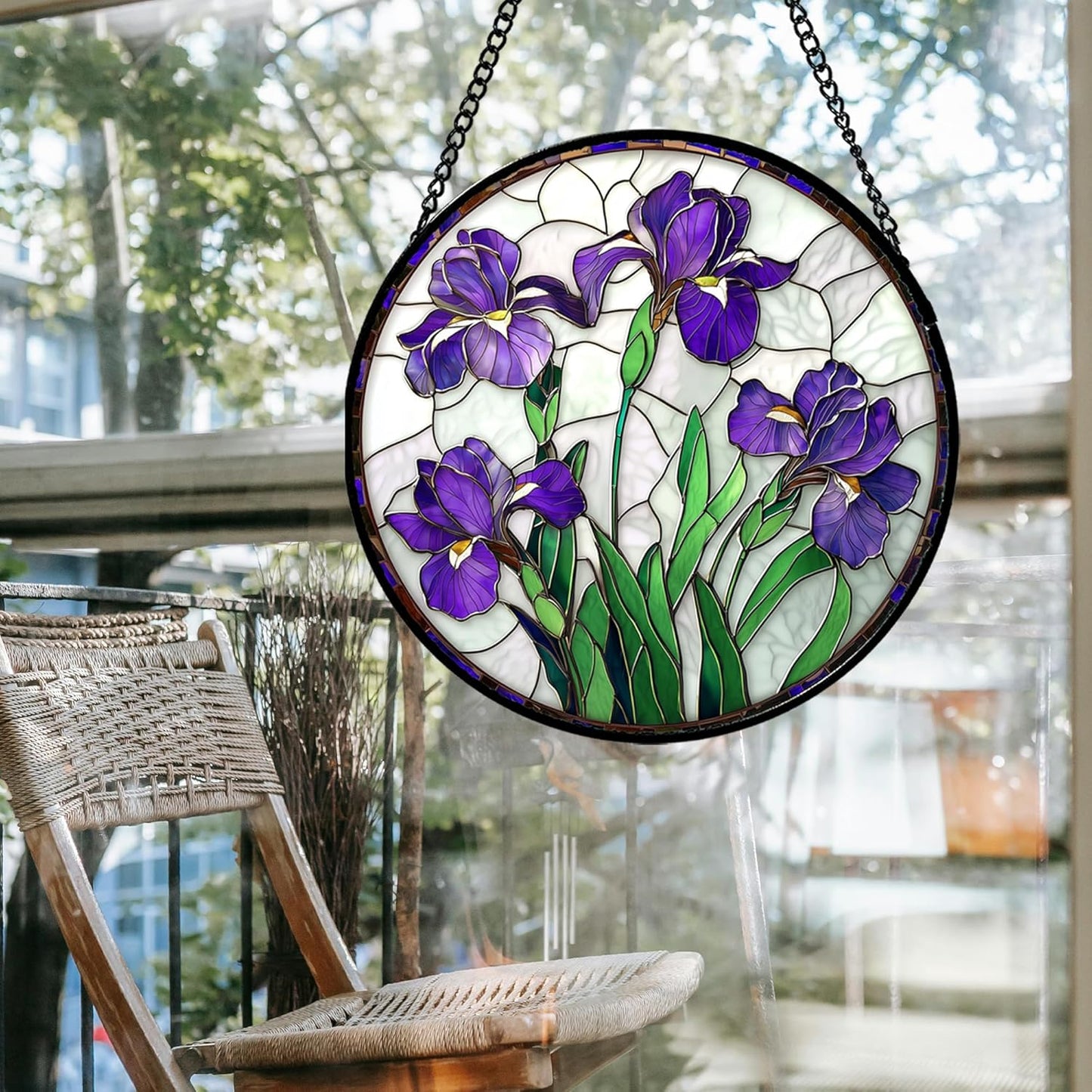 Stained Glass Window Hanging - Purple Iris Flower Sun Catcher for Door Terrace Garden Home Decor, Green Plants Suncatcher Birthday Gifts for Lovers Women Men Dad Mom Nana 7.8 in