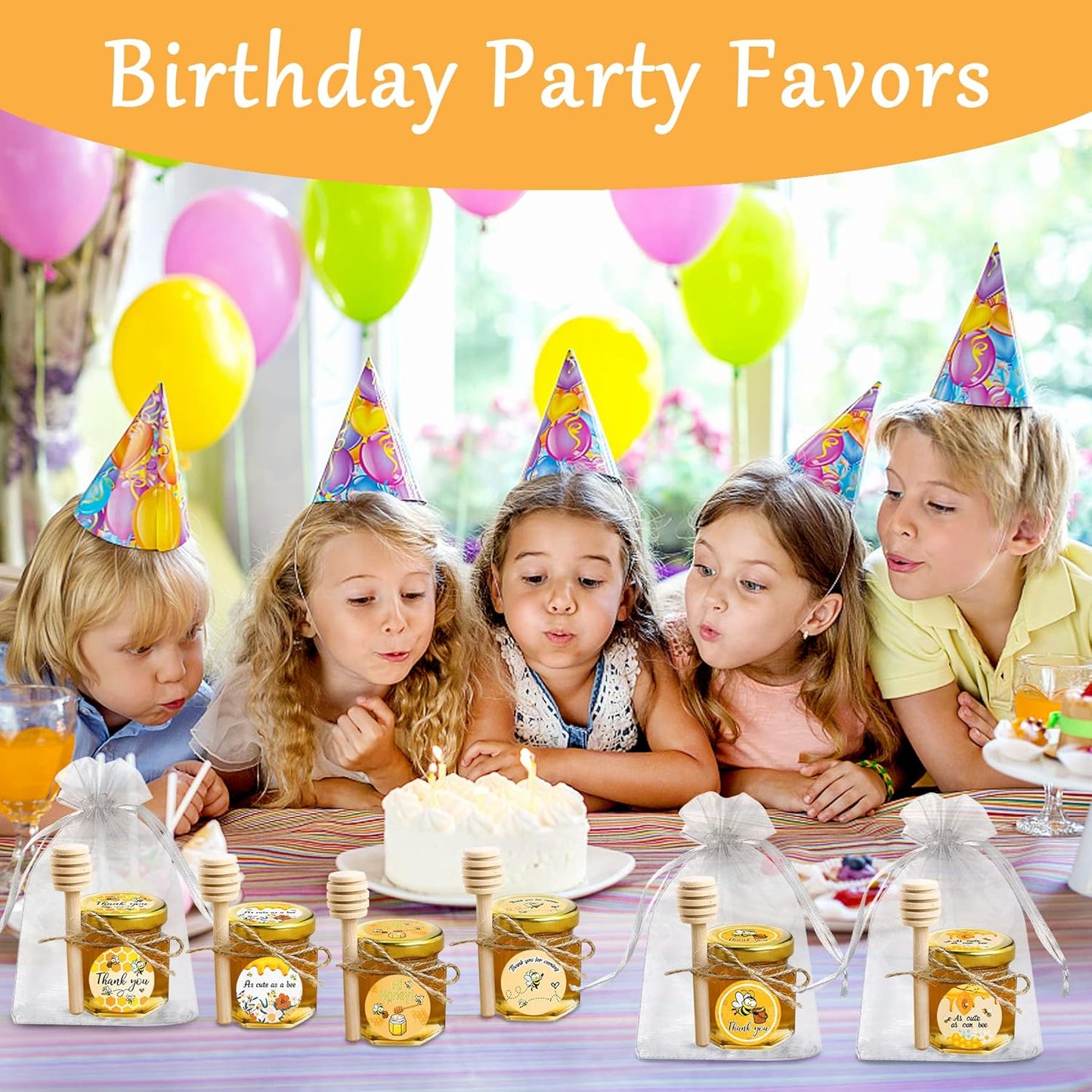 Aliggbent 48 Pack Mini Honey Jars Party Favors in Bulk, 1.5 oz Small Hexagon Glass Honey Jars with Dippers, Lids, Cute Stickers, Bee Charms, Gift Bags and Jute for Baby Showers, Weddings & Birthdays