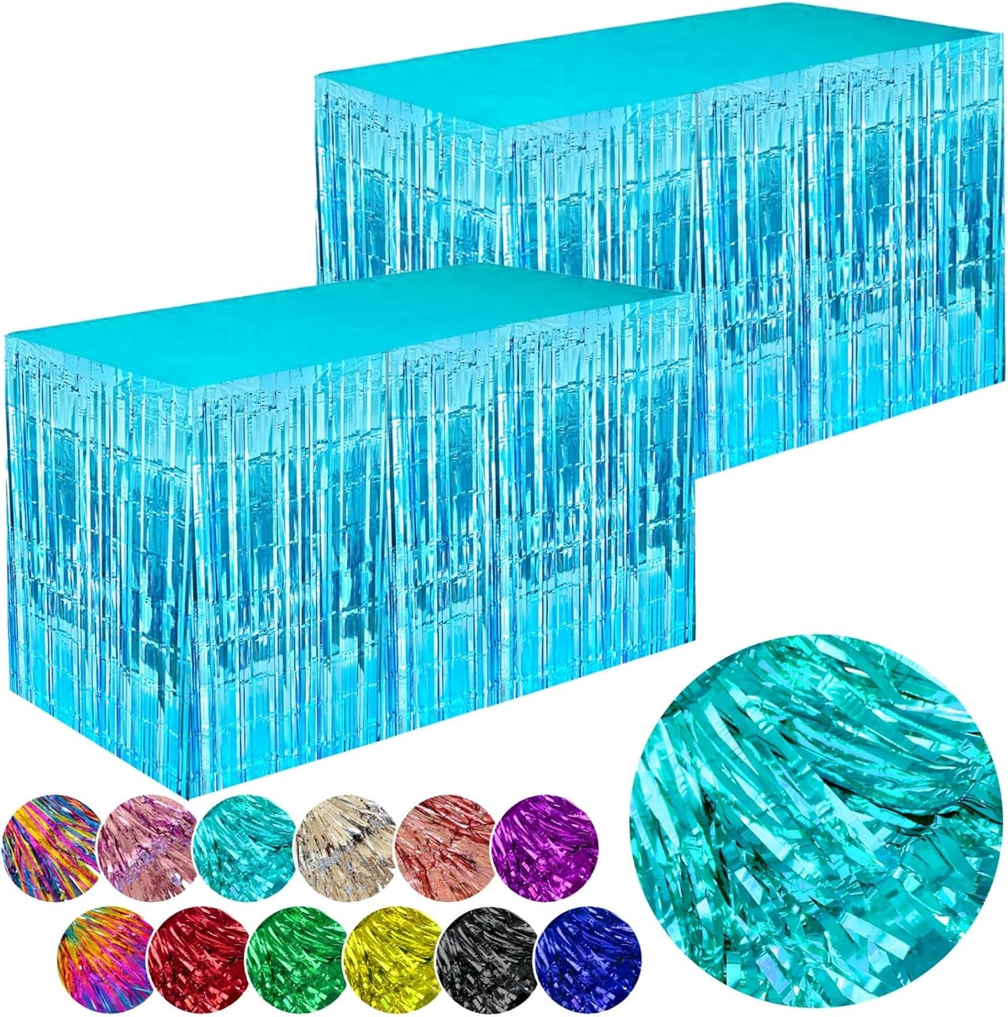 Light Blue Streamers Party Decorations, 2 Packs Ocean Blue Table Skirts Metallic Foil Fringe Tinsel for Birthday Under The Sea Shark Boy Baby Shower Winter Party Supplies -29x108Inch